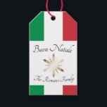 Italian Family Name Buon Natale Flag and Snowflake Gift Tags<br><div class="desc">This custom Italian Christmas gift tag features the phrase "Buon Natale" printed in an elegant black font. Buon Natale is Italian for "Merry Christmas". The flag of Italy is placed both above and below the phrase. A shiny looking gold snowflake is placed in the centre. The bottom features a sample...</div>