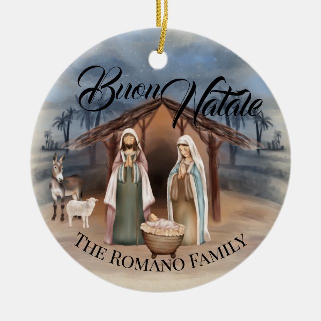 Italian Family Name Buon Natale Nativity Scene Ceramic Tree Decoration (Front)