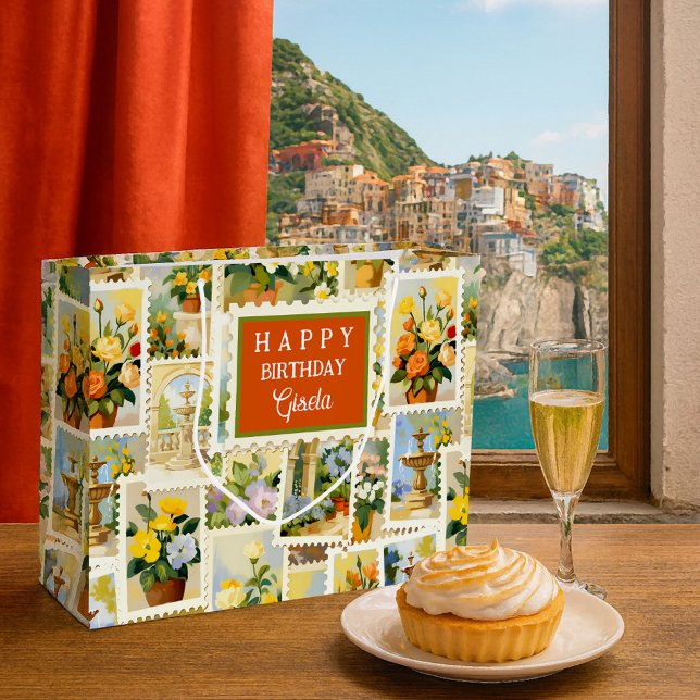 Italian Festive Pattern Gift Bag (Large gift bag featuring a whimsical illustration of flowers and fountains in Italian style)