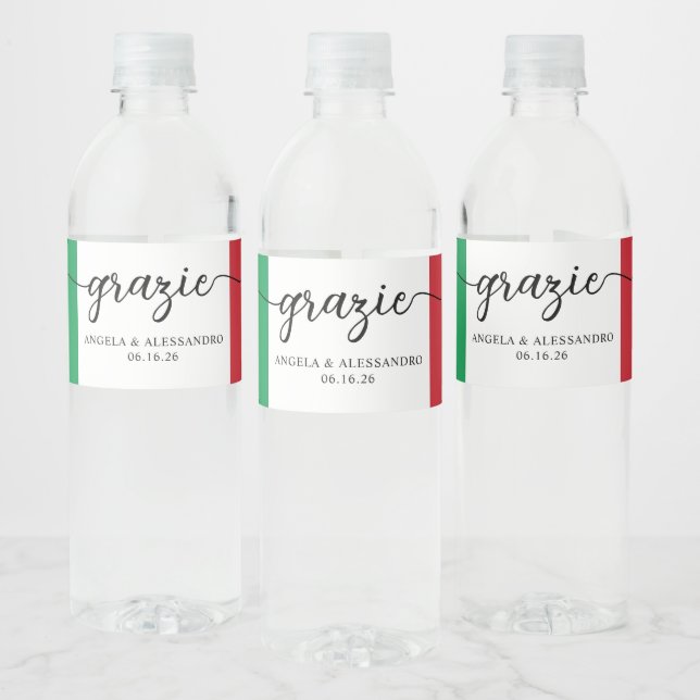 Italian Flag Elegant Calligraphy Grazie Water Bottle Label (Bottles)