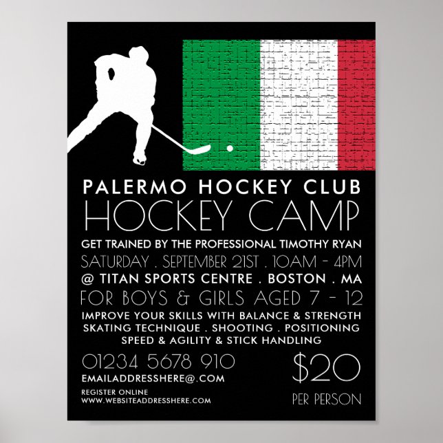 Italian Flag, Hockey Player, Camp Advertising Poster (Front)