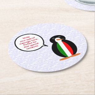 Italian Flag Holiday Ms. Penguin Talking Round Paper Coaster