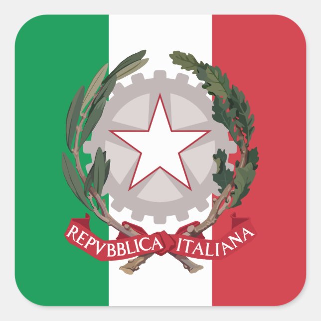 Italian Flag & National Emblem, Flag of Italy Square Sticker (Front)