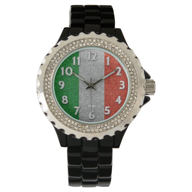 Italian Flag of Italy Milan Bling Glitter Fashion Watch (Front)