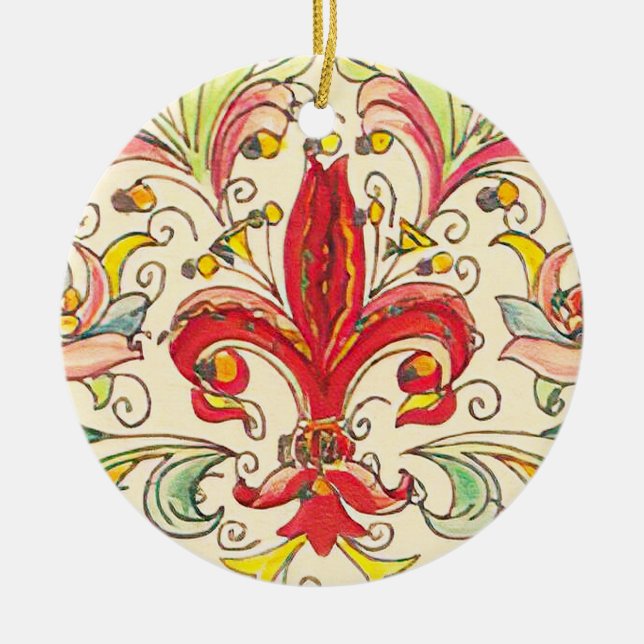 Italian Florentine Fleur de Lis Pattern Ceramic Tree Decoration (Front)