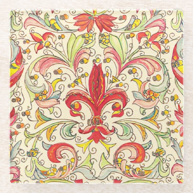 Italian Florentine Fleur de Lis Pattern Glass Coaster (Front)