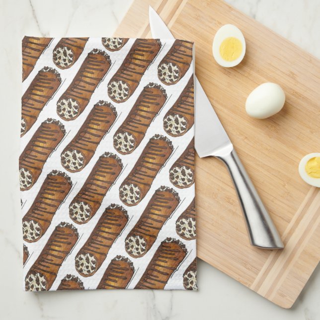Italian Food Bakery Pastry Chocolate Chip Cannoli Tea Towel (Quarter Fold)