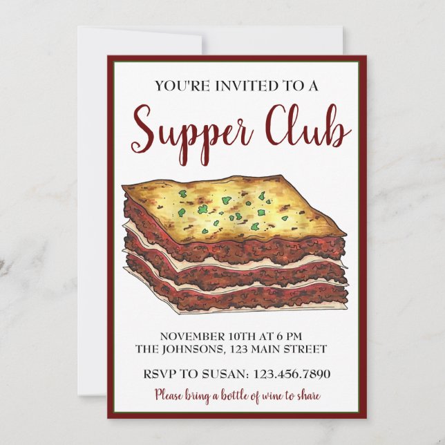 Italian Food Beef Lasagne Dinner Party Supper Club Invitation (Front)