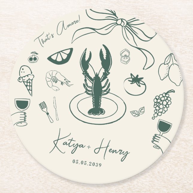 Italian Food Hand Drawn Wedding Engagement Party Round Paper Coaster (Front)