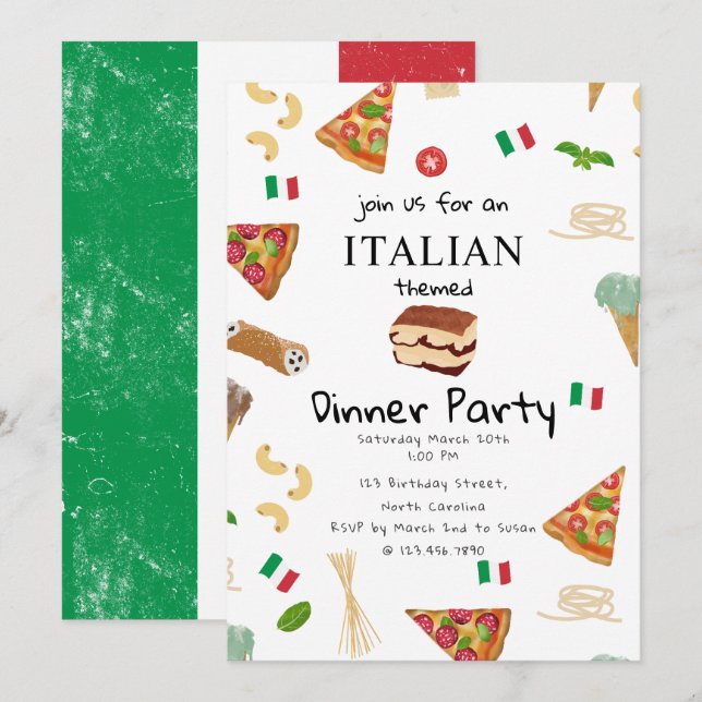 Italian Food Pizza & Pasta Dinner Party Theme Invitation (Front/Back)