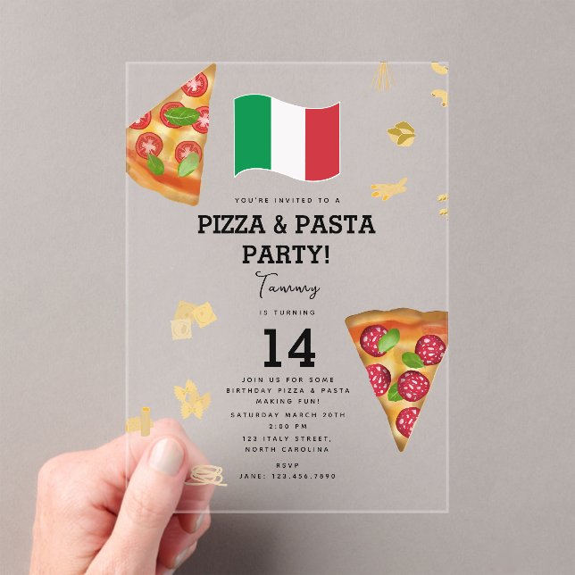 Italian Food Pizza & Pasta Making Birthday Party Acrylic Invitations (Insitu (Handheld))