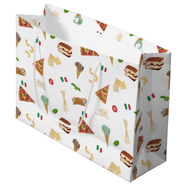 Italian Food Pizza Pasta Tiramisu Pattern Large Gift Bag (Front Angled)