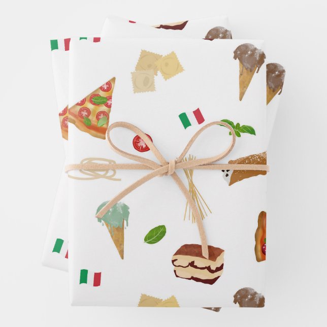 Italian Food Pizza Pasta Tiramisu Pattern Wrapping Paper Sheet (In situ)