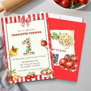 Italian Food Red Stripe Spaghetti First Birthday Invitation