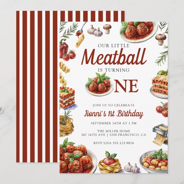 Italian Food | Watercolor 1st Birthday Invitation (Front/Back)