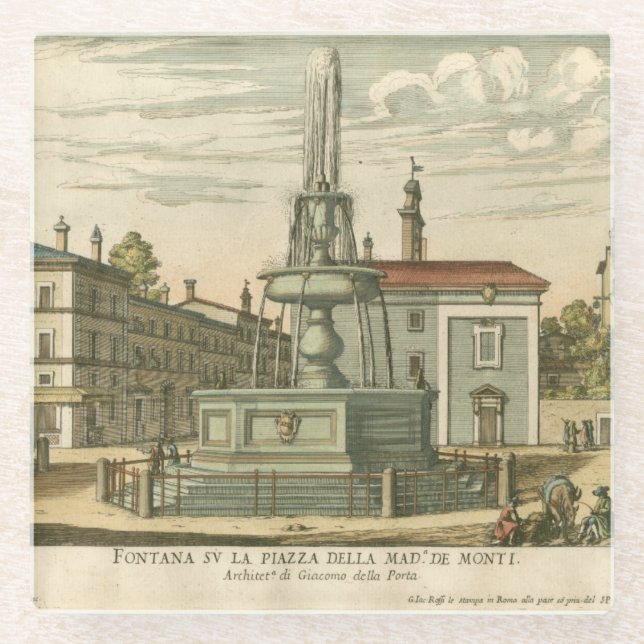 Italian Fountain in Town Square by Falda Glass Coaster (Front)