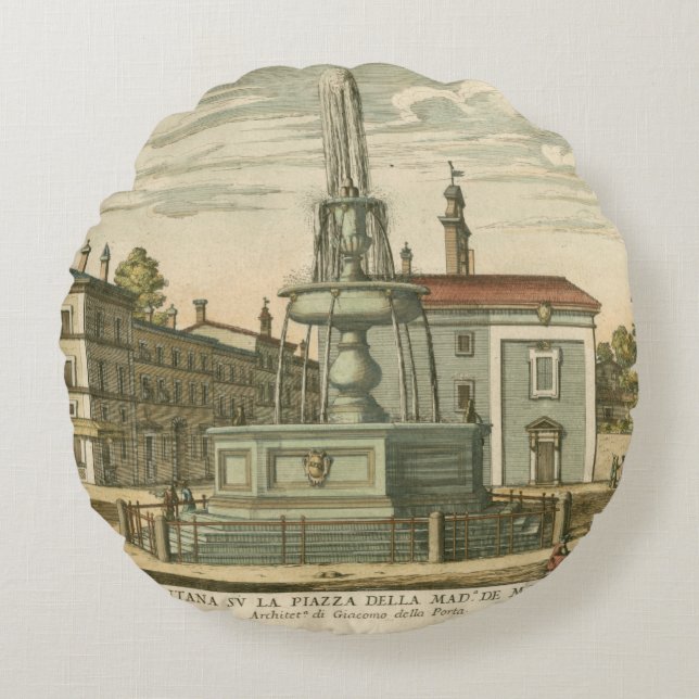 Italian Fountain in Town Square by Falda Round Cushion (Front)