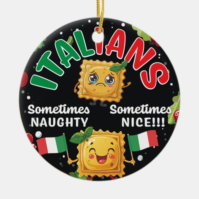 Italian Fun Naughty and Nice Ravioli Design Ceramic Tree Decoration (Front)