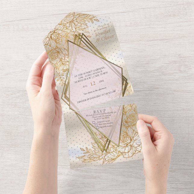 Italian Gardens & Gold Rose line drawing decor All In One Invitation (Tearaway)