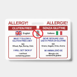 ITALIAN Gluten Free Travel Card Allergy Badge ID Badge