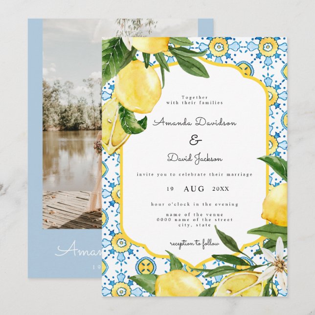 Italian Greek Citrus Lemon Yellow Modern Wedding Invitation (Front/Back)