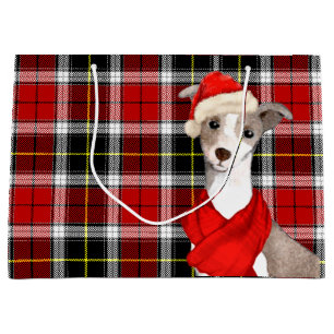 Italian Greyhound Dog and Red Plaid Christmas Large Gift Bag