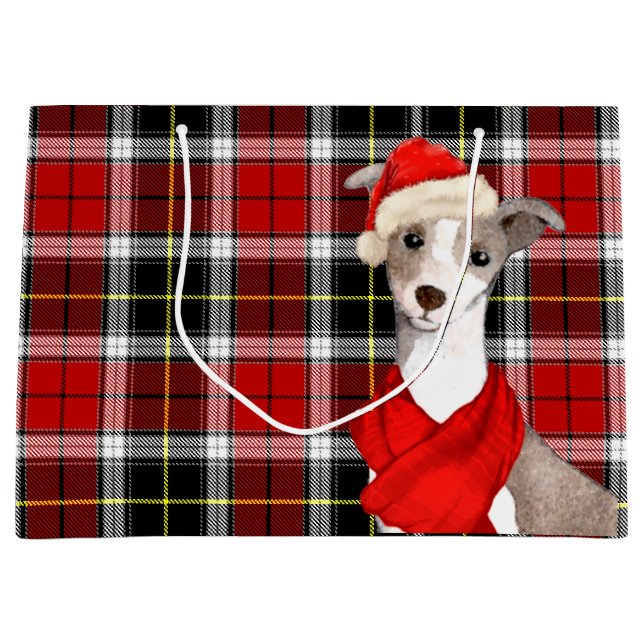 Italian Greyhound Dog and Red Plaid Christmas  Large Gift Bag (Front)