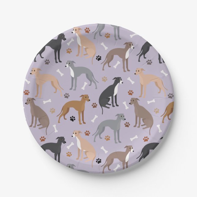 Italian Greyhound Dog Bones and Paws Paper Plate (Front)