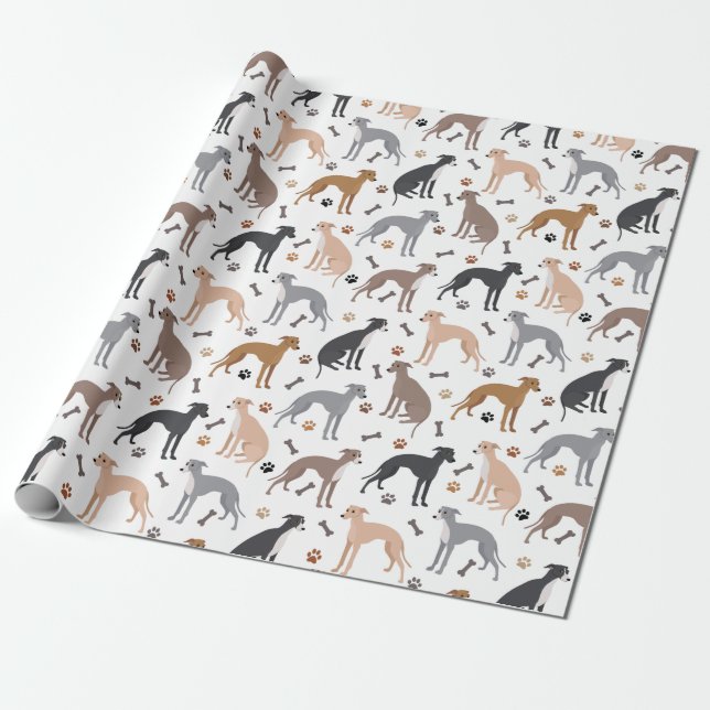 Italian Greyhound Dog Bones and Paws Wrapping Pape Wrapping Paper (Unrolled)