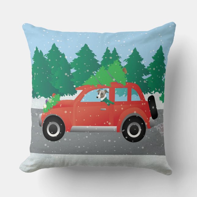 Italian Greyhound Dog Driving Car - Christmas Tree Cushion (Front)