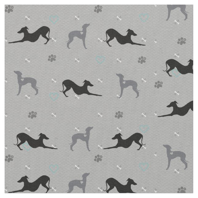 Italian Greyhound Dog Fabric with Blue Iggys (Close Up)