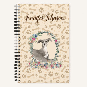 Italian Greyhound Dog Paw Print & Floral Cute Notebook