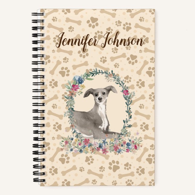 Italian Greyhound Dog Paw Print & Floral Cute Notebook (Front)