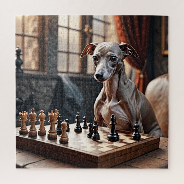 Italian Greyhound Dog Playing Chess Jigsaw Puzzle (Vertical)