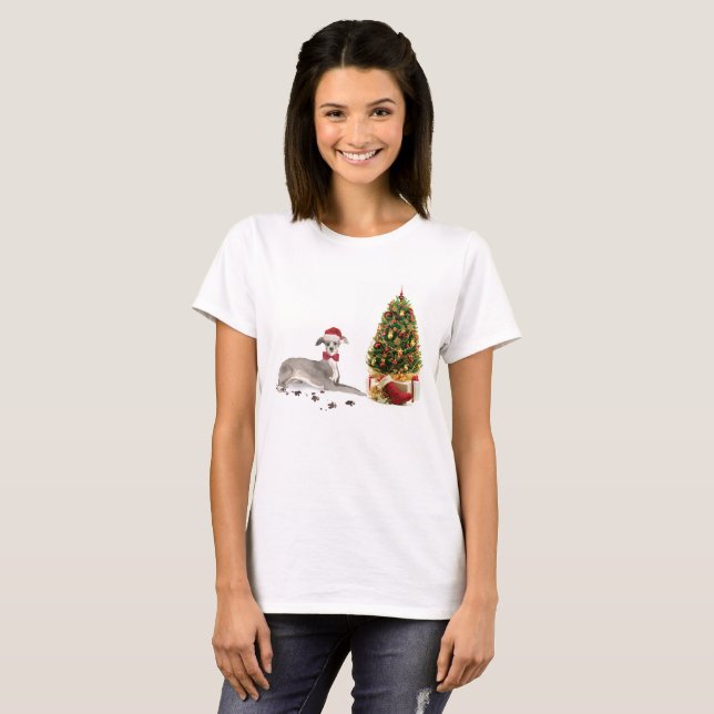 Italian Greyhound Funny Christmas Dog with Tree T-Shirt (Front Full)