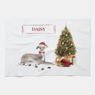 Italian Greyhound Funny Christmas Dog with Tree Tea Towel