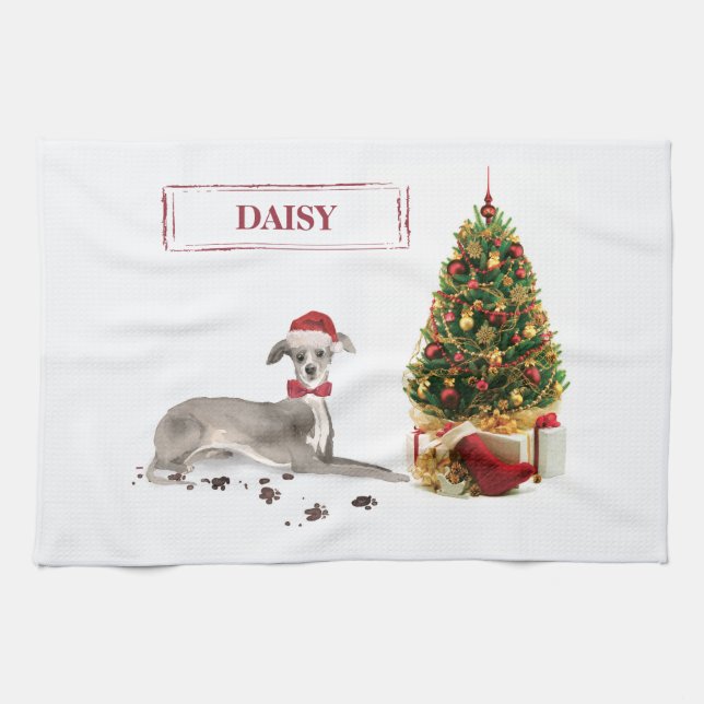 Italian Greyhound Funny Christmas Dog with Tree Tea Towel (Horizontal)