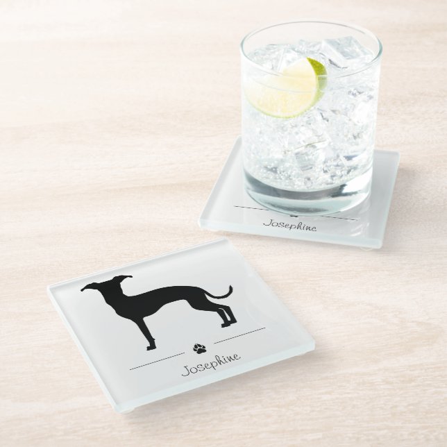 Italian Greyhound Silhouette With A Paw And Text Glass Coaster (Angled)