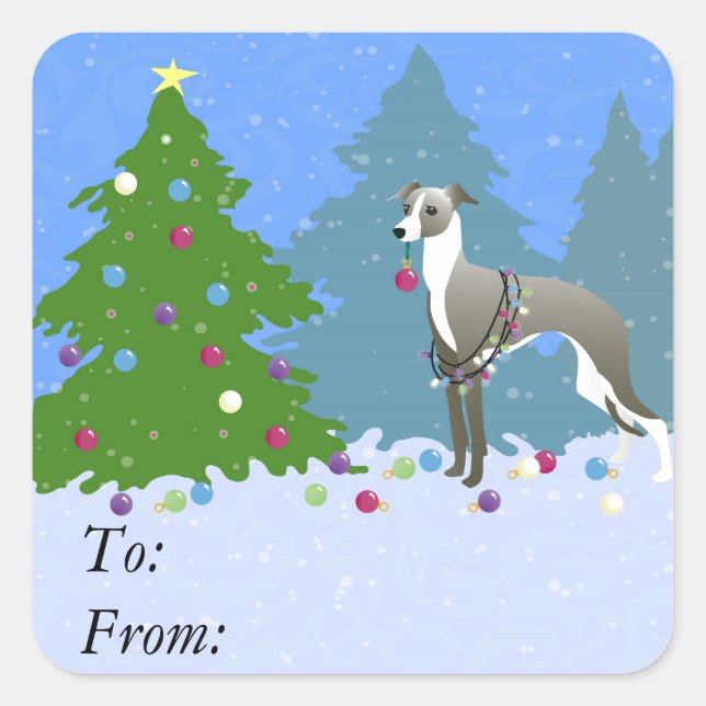 Italian Greyhound Whippet Decorating Christmas Tre Square Sticker (Front)