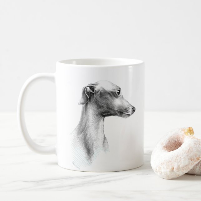 Italian Greyhound Whippet dog portrait drawing art Coffee Mug (With Donut)