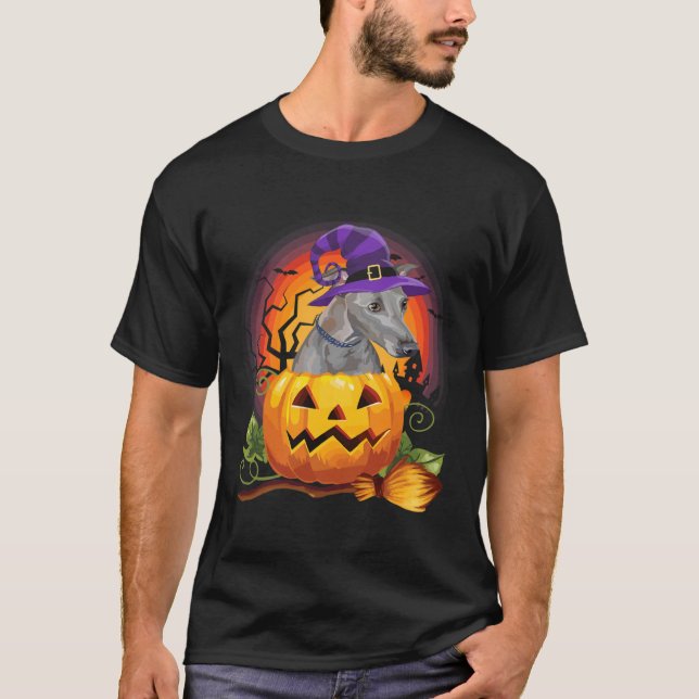 Italian Greyhound Witch Pumpkin Halloween- Dog Lov T-Shirt (Front)