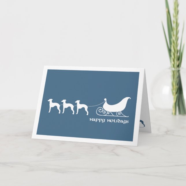 Italian Greyhounds Pulling Santa's Sleigh Holiday Card (Front)