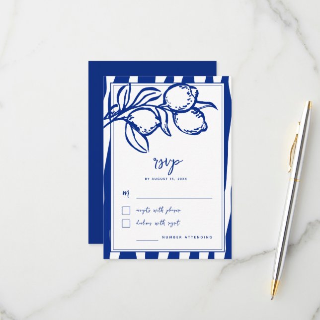Italian Hand Drawn Lemon Handwritten Blue Wedding RSVP Card (Front/Back In Situ)