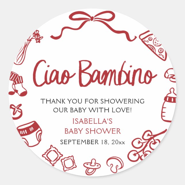 Italian Hand Drawn Pizza Ciao Bambino Baby Shower Classic Round Sticker (Front)