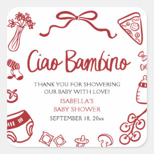 Italian Hand Drawn Pizza Ciao Bambino Baby Shower Square Sticker