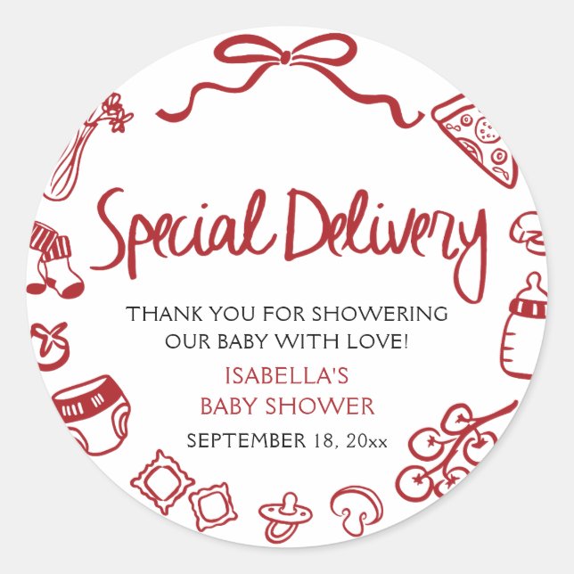Italian Hand Drawn Special Delivery Baby Shower Classic Round Sticker (Front)