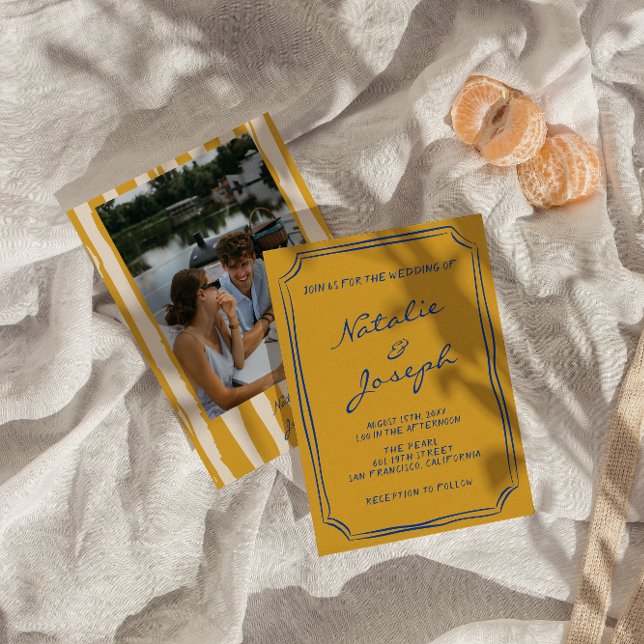 Italian Hand Written Pinstripes Photo Wedding Invitation (Creator Uploaded)