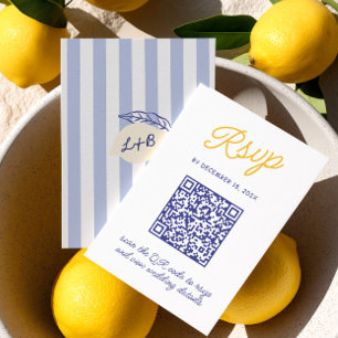 Italian Handwritten Yellow & Blue Stripes Wedding  RSVP Card