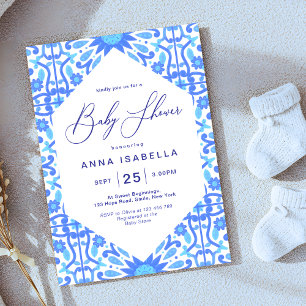 Italian Inspired Blue Tile Script Baby Shower Invitation