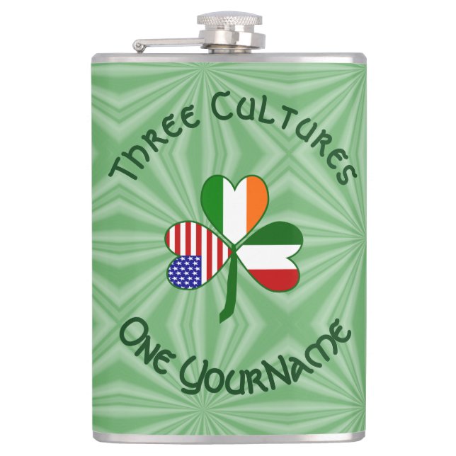Italian Irish American Flags Shamrock Your Name Hip Flask (Front)